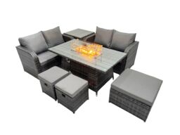 Fimous 7-seater Rattan Garden Furniture Dining Set with 3 Stools Side Table in Dark Grey - thumbnail 2