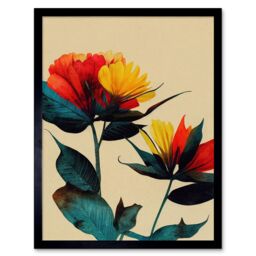 "Artery8 Wall Art Print Botanical Bold Flowering Yellow Red Teal Art Framed - Size: W12"" x H16""" - thumbnail 1