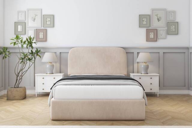 "Sloomy Belvoir Naples Frame-Mattress - 45"" Upholstered Headboard in Light Sand - Size: Double" - image 1