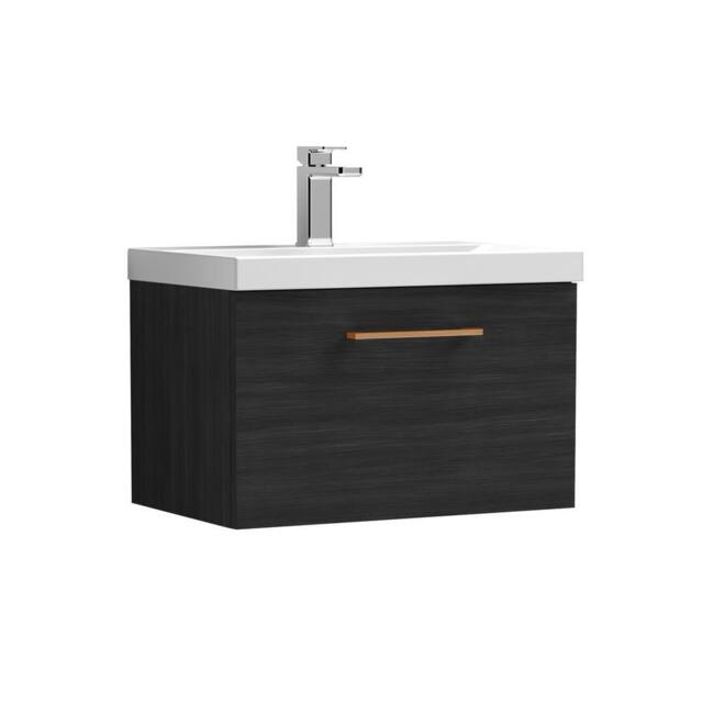 Balterley 600mm Wall Hung 1 Drawer Vanity Unit, Woodgrain Black, Copper Handle in Black - image 1