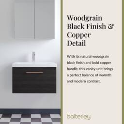 Balterley 600mm Wall Hung 1 Drawer Vanity Unit, Woodgrain Black, Copper Handle in Black - thumbnail 7