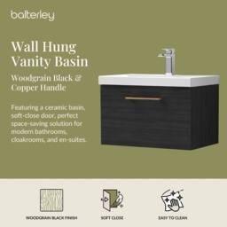 Balterley 600mm Wall Hung 1 Drawer Vanity Unit, Woodgrain Black, Copper Handle in Black - thumbnail 2