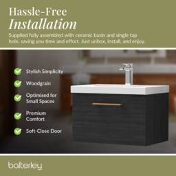 Balterley 600mm Wall Hung 1 Drawer Vanity Unit, Woodgrain Black, Copper Handle in Black - thumbnail 4