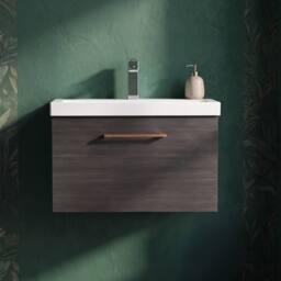 Balterley 600mm Wall Hung 1 Drawer Vanity Unit, Woodgrain Black, Copper Handle in Black - thumbnail 9