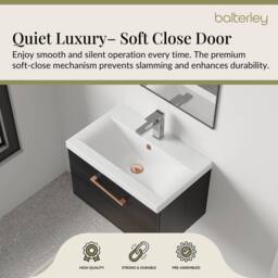 Balterley 600mm Wall Hung 1 Drawer Vanity Unit, Woodgrain Black, Copper Handle in Black - thumbnail 3
