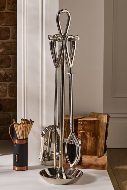 Dibor Contemporary Fireplace Freestanding 4pc Fireside Companion Set H75cm in Silver
