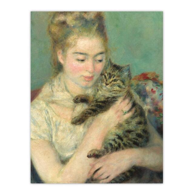 "Artery8 Woman with a Cat Renoir Vintage Wall Art Print Poster in Green - Size: W12"" x H16""" - image 1