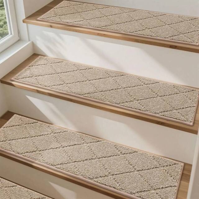VOGREX Beige Non-Slip Stair Treads 70x22CM Carpet Mats Safe Comfort - Size: 70x22 cm - image 1