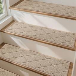 VOGREX Beige Non-Slip Stair Treads 70x22CM Carpet Mats Safe Comfort - Size: 70x22 cm - thumbnail 1