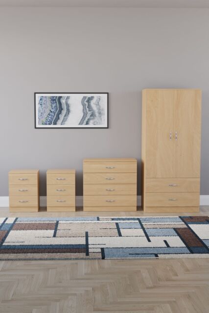 Home Discount Vida Designs Riano 4Pc Bedroom Set 3 Drawer Bedside, 4 Drawer Chest in Brown - image 1