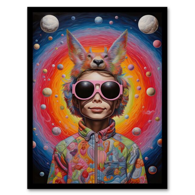 "Artery8 Wall Art Print Surreal Abstract Portrait Big Bold Bright Fun Portrait Animal Hat Outer Space Quirky Art Framed in Black - Size: W12"" x H16""" - image 1