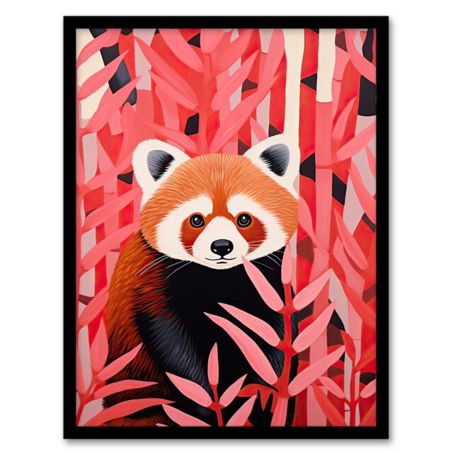 Artery8 Wall Art Print Red Panda in Pink Bamboo Forest Oil Painting Framed Picture - Size: A4 - image 1