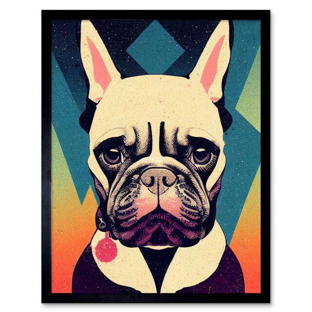 "Artery8 Wall Art Print French Bulldog Portrait Geometric Pastel Modern Art Framed in Black - Size: W12"" x H16""" - image 1