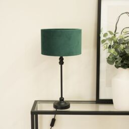 ValueLights Maggie Black Metal Candlestick Slim Table Lamp with Velvet Drum Lamp Shade in Bottle Green - thumbnail 3