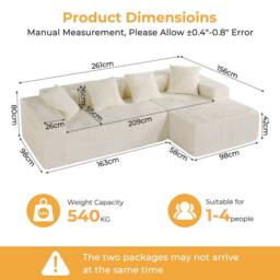 Dprodo 261CM Modular Right L-Shaped Sectional Sofa, 4 Seater Corner Sofa in Beige - thumbnail 3