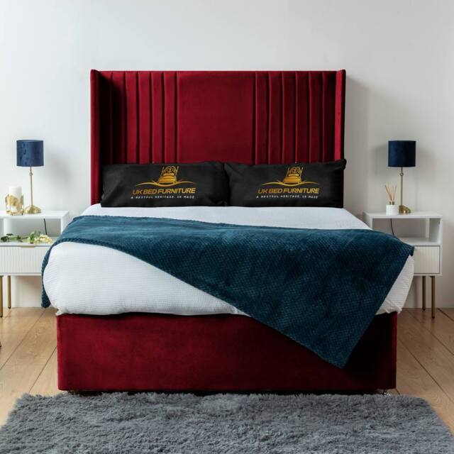 UK Bed Furniture Skyline Wingback Divan Bed Base with 54 Inch Headboard - No Storage in Maroon - Size: Single - image 1