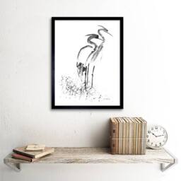 "Wee Blue Coo Two Herons Ink Black White Bathroom Home Decor 12x16"" Framed Art Print in Grey - Size: W12"" x H16""" - thumbnail 2
