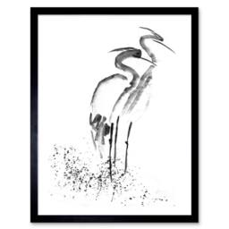 "Wee Blue Coo Two Herons Ink Black White Bathroom Home Decor 12x16"" Framed Art Print in Grey - Size: W12"" x H16""" - thumbnail 1