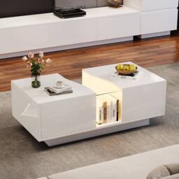 BTM High Gloss LED Coffee Table with Unique Shape & Drawers in White - thumbnail 2