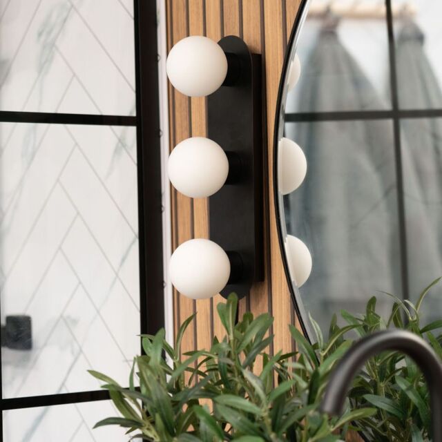ValueLights Orbital 3 Way Bar Opal Glass Globe IP44 Rated Bathroom Flush Wall Ceiling Light in Black - image 1