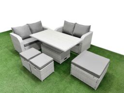 Fimous 7 Seater Outdoor Love Sofa Set Rattan Garden Furniture Set with Adjustable Lifting Dining or Coffee Table 3 Footstool Light Grey - thumbnail 2