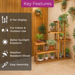 Neo 6 Tier Wooden Indoor Outdoor Shelf Plant Stand Display Rack in Dark Brown - Size: Large - thumbnail 5