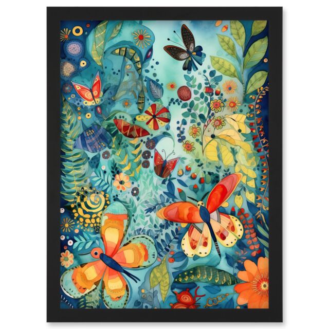 Artery8 Butterfly Insects in Flower Field Modern Folk Art Artwork Framed Wall Art Print A4 in Black - image 1