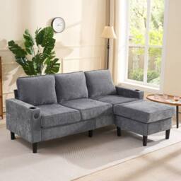 Fascinate Grey L-Shaped Corner Sofa with USB & Cup Holders - 3 Seater Sectional - thumbnail 1