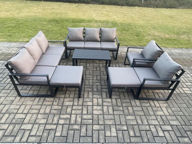 Fimous Aluminium Outdoor Garden Furniture Lounge Sofa 2 PC Chairs Oblong Coffee Table Sets with 2 Big Footstools Dark Grey - image 1