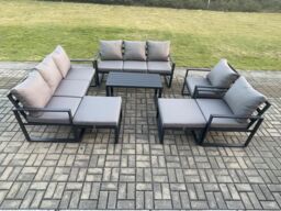 Fimous Aluminium Outdoor Garden Furniture Lounge Sofa 2 PC Chairs Oblong Coffee Table Sets with 2 Big Footstools Dark Grey - thumbnail 1