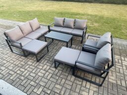 Fimous Aluminium Outdoor Garden Furniture Lounge Sofa 2 PC Chairs Oblong Coffee Table Sets with 2 Big Footstools Dark Grey - thumbnail 2