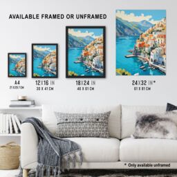 "Artery8 Amalfi Coast Artwork Blue Orange Green Italy Coastal Village Landscape Unframed Wall Art Print Poster Home Decor Premium - Size: W12"" x H16""" - thumbnail 3
