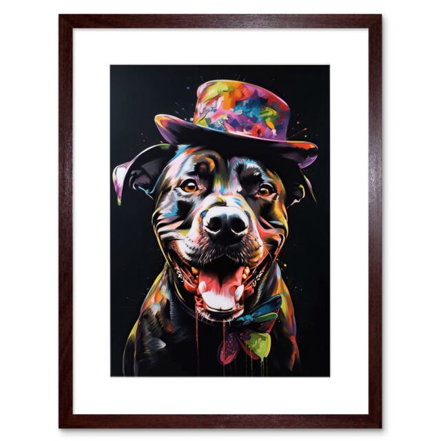 "Artery8 Wall Art Print Rottweiler in Bow Tie & Multicoloured Top Hat Artwork Framed 9X7 Inch in Brown - Size: W7"" x H9""" - image 1