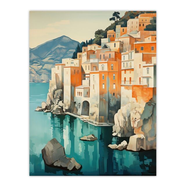 "Artery8 Amalfi Coast Artwork Blue Orange Green Coastal Village Italy Landscape Extra Large XL Unframed Wall Art Poster Print - Size: W24"" x H32""" - image 1