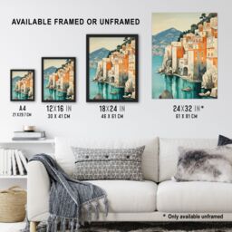"Artery8 Amalfi Coast Artwork Blue Orange Green Coastal Village Italy Landscape Extra Large XL Unframed Wall Art Poster Print - Size: W24"" x H32""" - thumbnail 3