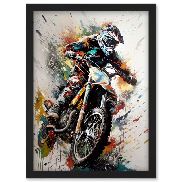 Artery8 Motocross Racer Paint Splat Action Shot Portrait Artwork Framed Wall Art Print A4 in Black - image 1