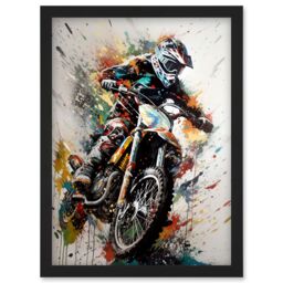 Artery8 Motocross Racer Paint Splat Action Shot Portrait Artwork Framed Wall Art Print A4 in Black - thumbnail 1