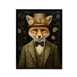 "Artery8 Gentleman Fox In Floral Victorian Suit Framed Canvas Wall Art Print in Brown - Size: W18"" x H24""" - thumbnail 1
