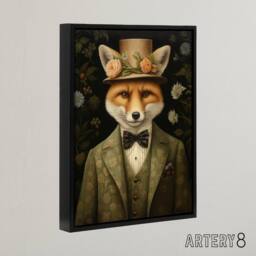 "Artery8 Gentleman Fox In Floral Victorian Suit Framed Canvas Wall Art Print in Brown - Size: W18"" x H24""" - thumbnail 2