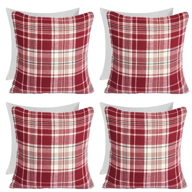 OHS Woven Check Cushion Covers Tartan Pack of 4 Filled Case Pad Set Home in Red - Size: 45 cm x 45 cm - image 1