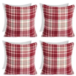 OHS Woven Check Cushion Covers Tartan Pack of 4 Filled Case Pad Set Home in Red - Size: 45 cm x 45 cm