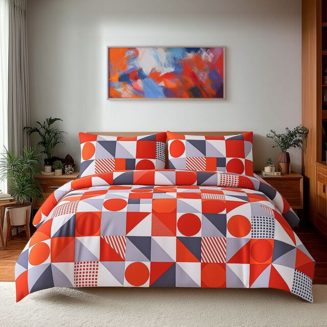 Snug City Duvet Cover & Pillowcase Set Print Shape Design Polycotton Bed Linen in Red - Size: Single - image 1