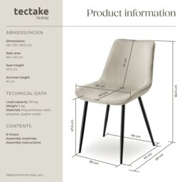 tectake Dining Chair Monroe Set Of 2 - Cream - Size: 2 Pack - thumbnail 6