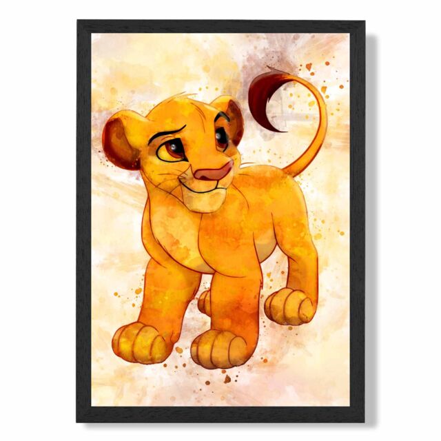 ARTZE Simba Cub Watercolour Lion King Framed Print SIZE: A2 with Black Frame in Yellow - Size: A4 - image 1