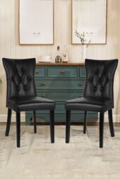 Living and Home 2Pcs Litchi Grain PU Leather High Backrest Dining Chairs Dressing Chairs in Black - thumbnail 1