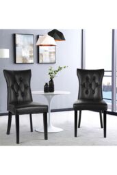 Living and Home 2Pcs Litchi Grain PU Leather High Backrest Dining Chairs Dressing Chairs in Black - thumbnail 2