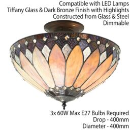 Loops Tiffany Glass Semi Flush Ceiling Light Cream Bronze Round Inverted Shade i00158 in Clear - thumbnail 2
