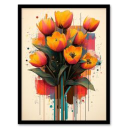 "Artery8 Tulip Bouquet Modern Floral Abstract Painting Framed Art Print in Orange - Size: W12"" x H16""" - thumbnail 1