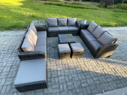 Fimous 12 Seater Rattan Outdoor Furniture Set Patio Garden Sofa Set with Square Coffee Table 3 Seater Sofa 2 Side Tables in Dark Grey - thumbnail 1