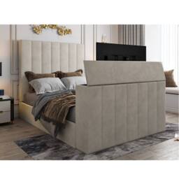 KDMD Vogue Upholstered Soft Velvet Line Pebble Tv Bespoke Bed Frame in Light Sand - Size: Small Double